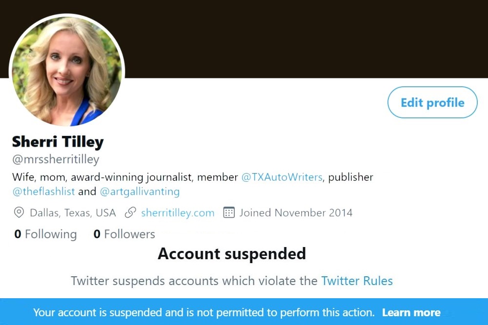 Completely blindsided by the notice, I could not be more elated; and I will carry the screenshot as a badge of honor. My Twitter Account Was Suspended. Wait, What!?! | by Sherri Tilley